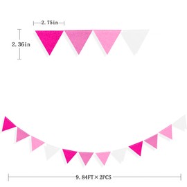 Hot Pink Party Decorations - Ombre Rose Pink Felt Hanging Triangle Mini Bunting Pennant Banner Flag for Birthday, Wedding, Baby Shower, Bridal Shower, Bachelorette, Girl Party, Classroom