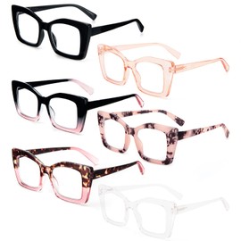 REAVEE 6 Pack Oversized Square Reading Glasses Oprah Style for Women, Blue Light Blocking Large Frame Computer Designer Fashion Readers Spring Hinge with Leather Case,1.5