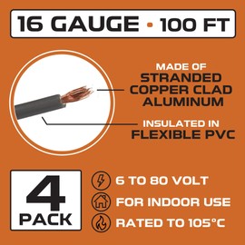 16 Gauge Primary Automotive Wire - 4 Roll Assortment Pack - 100 Ft of Copper Clad Aluminum Wire per Roll