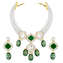 Aheli Green Synthetic Stone Cubic Zirconia & Beads Studded Necklace Drop Earrings Ethnic Fashion Jewellery Set Gift for Women