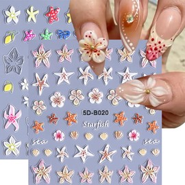 Summer Nail Stickers for Nail Art, 5D Embossed Cute Hibiscus Flower Beach Nail Decals Summer Ocean Starfish Seashell Tropical Flower Nail Art Supplies for Women Girls (2Sheets)
