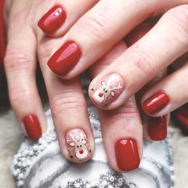 Christmas Press on Nails Short Square Red Fake Nails with Elk Pattern Designs Winter Christmas Glue on Nails Full Cover Acrylic Glossy Nails for Women 24Pcs