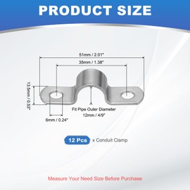 PATIKIL 12mm Rigid Pipe Strap, 12 Pcs 304 Stainless Steel Conduit Clamp 2 Hole Thicken U Bracket Pipe Clamp Tube Strap for Pipe Cable Wire Fixing, (4/9")