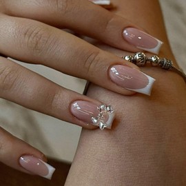 White Press on Nails Bow Fake Nails Short Square False Nail Glossy Full Cover Glue on Nails Nude Stick on Nail Artificial Acrylic Nail for Women Girls Manicure 24Pcs