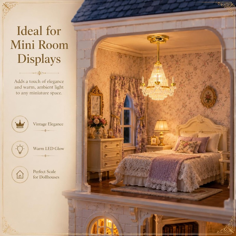NUOBESTY 1Pc Dollhouse Chandelier Light, 1:12 Scale Miniature Ceiling Lamp