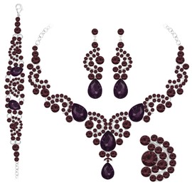 Paxuan Crystal Bridal Wedding Jewelry Set for Women: Rhinestone Teardrop Crystal Statement Choker Necklace (16''), Drop Earrings (2.5''), Link Bracelet (6''), Adjustable Ring - Dark Purple