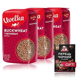 Uvelka Buckwheat Groats Extra, 3x1500 gr (9.9 pounds total) + Ground Black Pepper for Free
