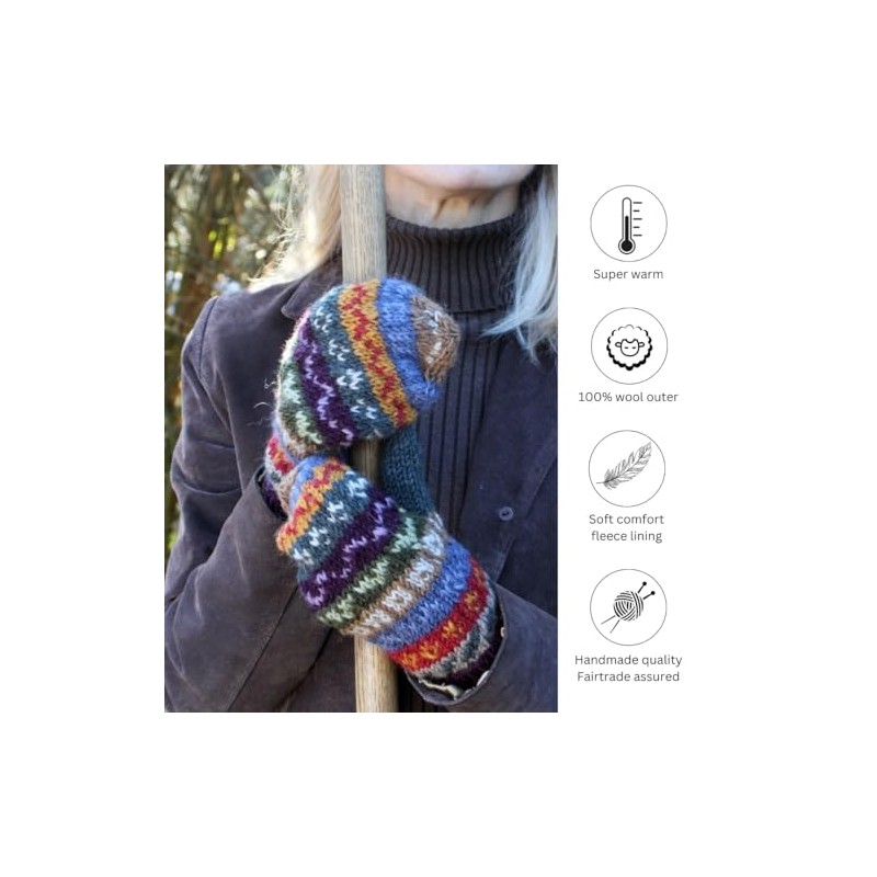 Pachamama Women Wool Mittens Fleece Lined Handknitted Fairisle Green Multicoloured