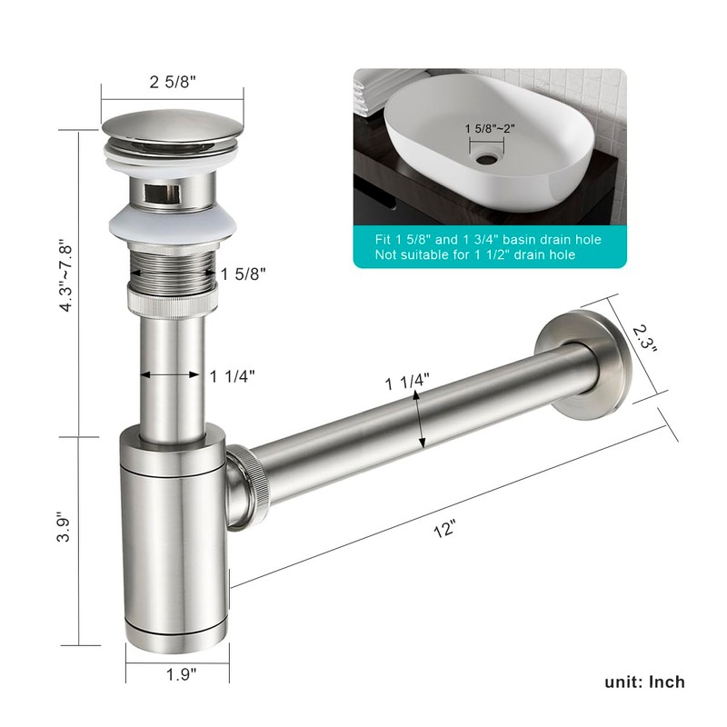 TSIBOMU Bathroom Basin Sink Waste P-Trap Drain Kit, Adjustable Bottle