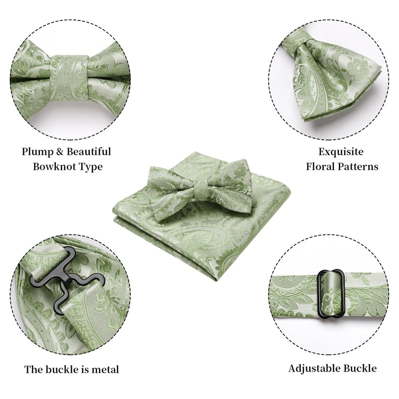 HISDERN Bow Tie with Pocket Square for Men Plain Adjustable