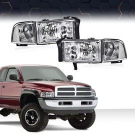 PIT66 Headlights Assembly Compatible with 1994-2001 Dodge Ram 1500/1994-2002 Dodge Ram 2500 3500 Clear Lens Clear Housing Clear Reflector Halogen Headlamp Replacement