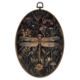 XBBMGG Vintage Moody Dragonfly Wall Art Decor, Dark Cottagecore Floral Oval Wall Hanging Decor, Dragonfly Floral Framed Canvas Prints for Home Office Living Room Decorations，8.6" x 11.4 "