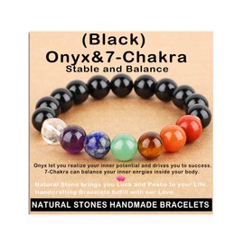 AD Beads Handmade Gemstone Stretch Elastic Bracelet Crystal Healing Reiki Nature's Beauty and Spiritual Essence Unisex (10mm, Onyx & 7-Chakra (Stable and Balance))