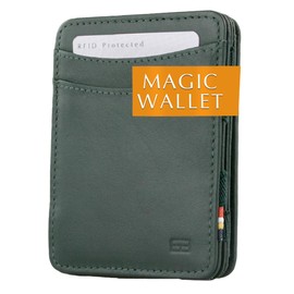 Hunterson Flat Leather Wallet for Men, Magic Wallet with RFID Protection, Money Wallet with Change and Space for 6 Cards, 08 Green, Minimalist