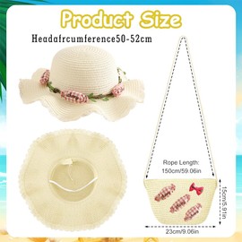 YCFAIIKG Straw Hat and Small Bag Set, Girls' Visor Sun Hat Shoulder Bag, Children's Beach Hat with Candy Decoration, Summer Hat Shoulder Bags for Beach Sea Outdoor Activities (Milky White), milky