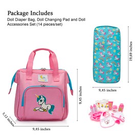 HappyVk - Baby Doll Diaper Bag With Changing Pad and Accessories Set - Handbag for Girls - Unicorn Embroidery