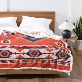 Luxury Plush Faux Fur Throw Blanket with Aztec Pattern, Super Warm, Fuzzy, Elegant, Fluffy Decoration Blanket for Couch, Armchair, Sofa and Bed, 60''x 80'', Red
