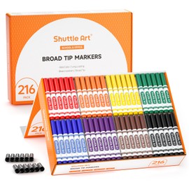 Shuttle Art 216 Pack Washable Markers, 8 Assorted Colors Broad Line Conical Tip Large Markers Bulk with a Box, Bonus Caps, Home Classroom School Supplies for Toddlers Kids Adults Students Teachers…