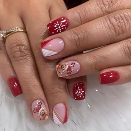 YEFIUO Christmas Red Press on Nails Short Square Xmas Cute Fake Nails Press ons Nail Art Tip Full Cover Acrylic False Nails Glue on Nails Stick on Nails with Elk Oblique French Design for Women 24 Pcs
