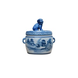 Cute Blue and White Blue Willow Motif Porcelain Canister Foo Dog Top 7"