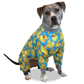 Tooth & Honey Pit Bull Pajamas – Rubber Duck Print Lightweight Pullover with Full Coverage – Yellow with Grey Trim Dog PJs