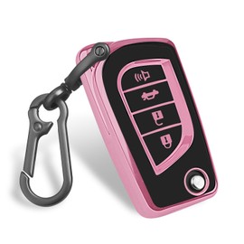Mild East Car Key Cover for Toyota, Soft TPU Key Fob Cover Compatible with Rav4 Camry Fortuner Tundra Corolla C-HR Highlander, fit for 4 Buttons Foldable Car Key (Black-Pink)