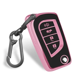 Mild East Car Key Cover for Toyota, Soft TPU Key Fob Cover Compatible with Rav4 Camry Fortuner Tundra Corolla C-HR Highlander, fit for 4 Buttons Foldable Car Key (Black-Pink)