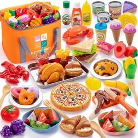 Juboury Pretend Play Food Set for Toddlers, Cutting Toy Food with Storage Bag, Stainless Steel Tray and Plates, Food Toys with Veggies, Fruits, Dessert, Pizza Toy, Play Kitchen Accessories for Kids