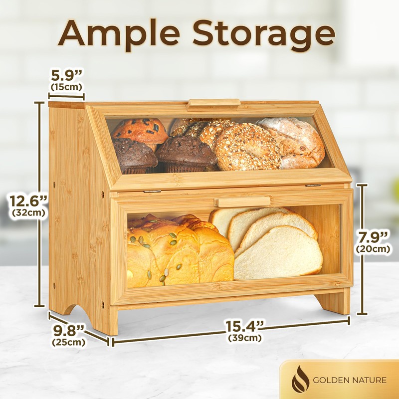 Golden Nature Double Layer Bamboo Bread Box for Kitchen Countertop,