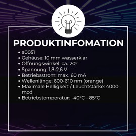 Lumetheus LED 10 mm Colour Orange 4000 mcd Pack of 100 Light Emitting Diodes Approx. 2 V Orange Diode 2 Pin LEDs Housing Clear