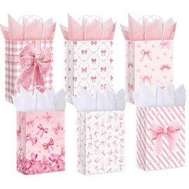 MotiMind 24 Pcs Paper Gift Bags with Tissue Papers Pink Bow Party Favor Bag with Handles 8.3 x 5.9 x 3.15 inch Goodie Treat Candy sack for Bachelorette Bridal Shower Wedding Birthday(White Pink)