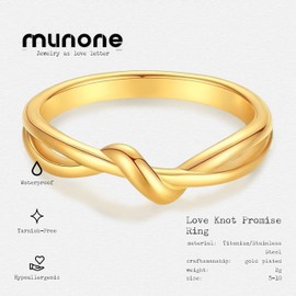 munone Love Knot Promise Statement Ring for Women Men, 14k Gold Plated Titanium Comfort Fit Band Ring