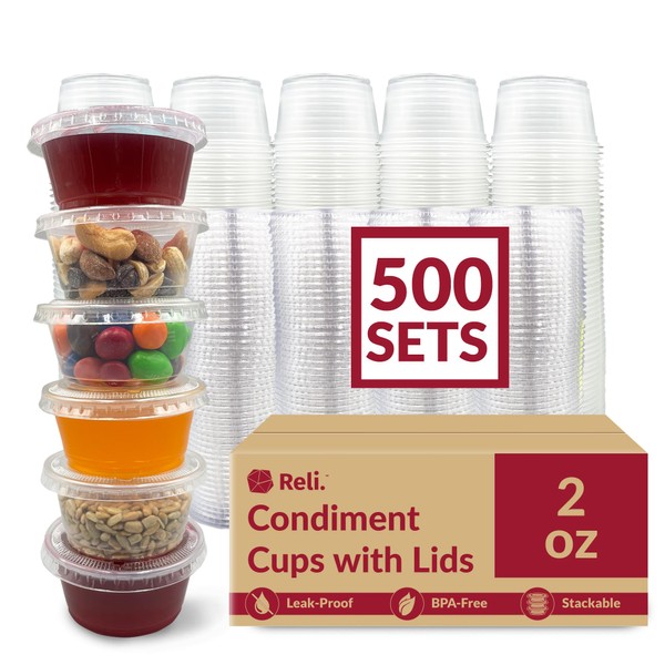 Reli. 2 oz Small Containers with Lids (500 Sets) | Jello Shot Cups with Lids | Clear Plastic Condiment Containers with Lids | Portion Cups with Lids | Sauce Cups | Souffle Cups | Stackable | Bulk