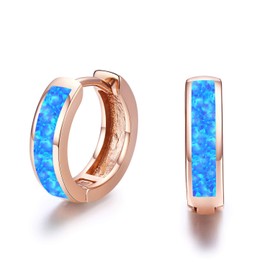 Small Hoop Earrings Opal Silver Huggie Earring Blue Opal Earrings Simulated Opal Earrings Hypoallergenic Earrings for Sensitive Ears Earrings Jewelry for Women(Blue rose gold)