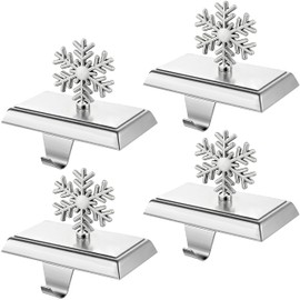 MNKXL Set of 4 Metal Christmas Stocking Holders for Mantle,Heavy Duty Weighted Stocking Holders for Mantle,Silver 3D Snowflake Stocking Holder for Tables Window Fireplace Christmas Decorations
