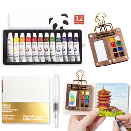 PIIMNT Mini Watercolour Set, Pocket Watercolour Set, 12 Colours, Portable Wooden Mixing Palette, Watercolours for Children from 6-12 (8 Grids)