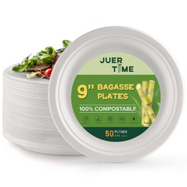 Juertime 9 inch Disposable Paper Plates - Super Strength White Bagasse Plates - Eco-Friendly, Biodegradable and 100% Compostable - Perfect for Party, Picnic, BBQs [50 Pack]