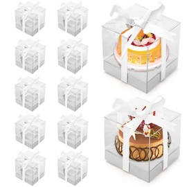Anglecai 12 Pack Clear Plastic Cupcake Boxes, 3.5 Inch Silver Single Cupcake Containers Disposable Individual Cupcake Carrier Holder Box with Inserts and Ribbon Clear Boxes for Cupcakes (Silver)
