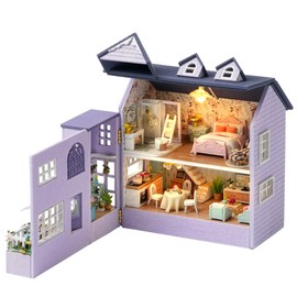 TuKIIE DIY Miniature Dollhouse Kit with Furniture, 1:32 Scale Creative Room Opened & Closed Mini Wooden Christmas Doll House for Kids Teens Adults(Happy House)