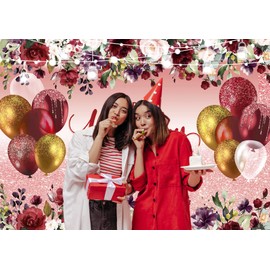 LTLYH 8x6ft Happy Birthday Party Backdrop Red Flowers Golden Glitter Birthday Photography Background Birthday Party Supplies Decoration Banner Photography Background 178…