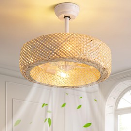 MOOONICHE 20" Boho Caged Ceiling Fan with Lights Flush Mount,Rattan Flush Mount Ceiling Fans with Lights and Remote Control, 6 Speeds and Low Noise for Bedroom, Living Room