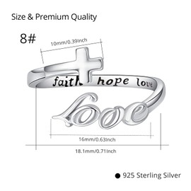 Love Ring,Love Cross Rings,S925 Sterling Silver Adjustable Faith Hope Love Wrap Inspiring Ring Faithful Christian Band Ring for Women