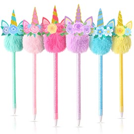 Cholemy 24 Pieces Unicorn Party Favor Bulk Unicorn Fluffy Fuzzy Pens Rainbow Pom Pom Pen Unicorn Plush Ballpoint stationery for Classroom School Office Party Favors