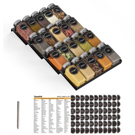 SpaceAid Spice Drawer Organizer with 20 Spice Jars, 386 Spice Labels, 4 Tier Seasoning Rack Tray Insert for Kitchen Drawers, 9-1/2" Wide x 17-1/2" Deep