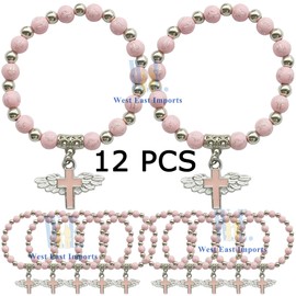 Baptism Favor Bracelet (12 PCS) Angel Wing Cross Pink Bead Wooden Bracelet Christening Party Favor Gift for Girl Recuerdos de Bautizo