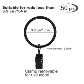 D-buy 50 Pcs Black Curtain Hooks with Clips, 1.5 Inch Metal Curtain Rings with Clips for Bathroom, Shower Curtain Hooks for Drapes, Drapery Clips Rings for Courtyards, Hangers, Photo, Camping Tents