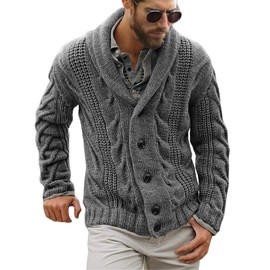 Mens Shawl Collar Cardigan Sweater Cable Knit Button Chunky Long Sleeve Winter Fisherman Casual Cardigans Gray