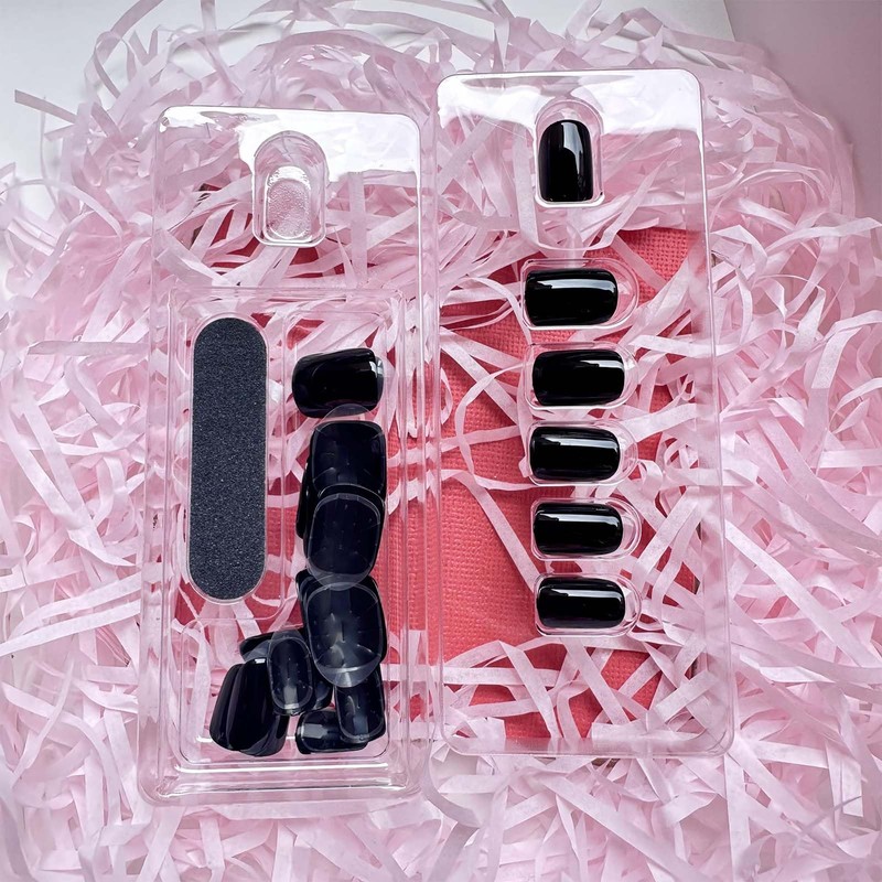 ONPRESS 24 Uñas Postizas Cuadradas Cortas Negras A Presión, Con