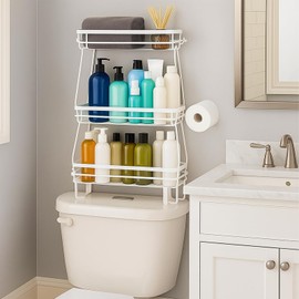 ShellKingdom Over The Toilet Storage Shelf, 3 Tier Toilet Paper Holder Stand Shelves, Punch-Free Bathroom Storage Rack with 2 Hooks, Small Space Organizers for Bathroom, Home, Countertop, White