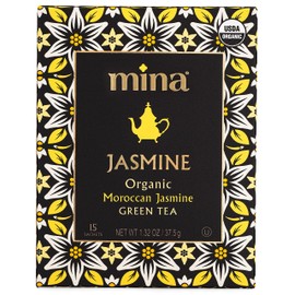 Mina Organic Moroccan Jasmine Green Tea, 15 Biodegradable Sachets, Jasmine Scented Green Tea Bags with Enchanting Floral Essence, Refreshing Aroma, Enjoy Hot or Iced